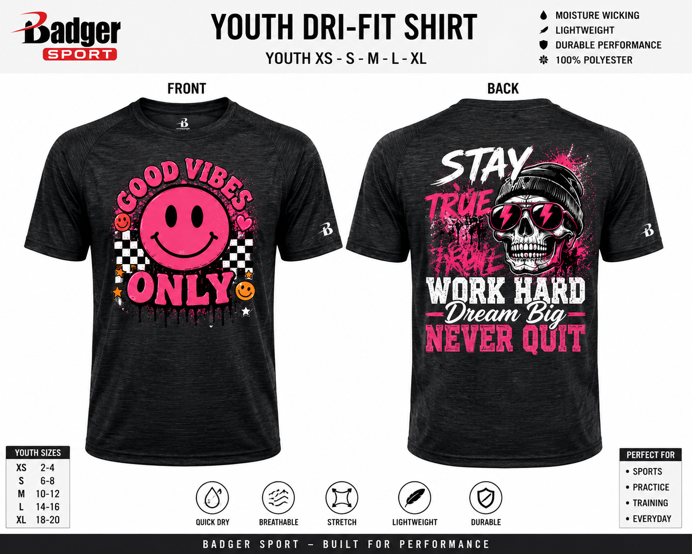 Dri Fit Shirt - Badger Sport Youth XS-XL Front & Back