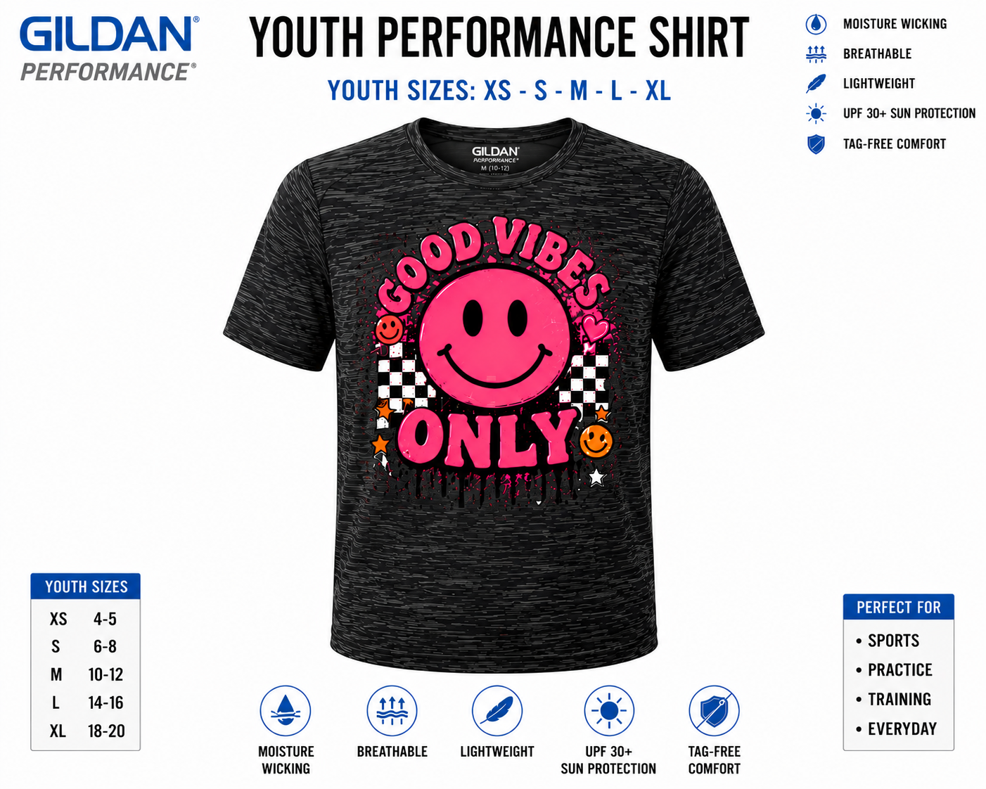 Dri Fit Shirt - Gildan Performance Youth XS-XL Front Only