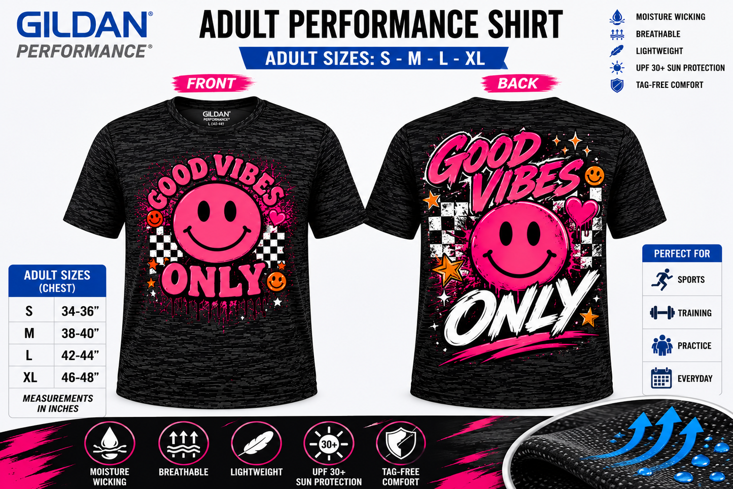 Dri Fit Shirt - Gildan Performance Adult S-XL Front & Back