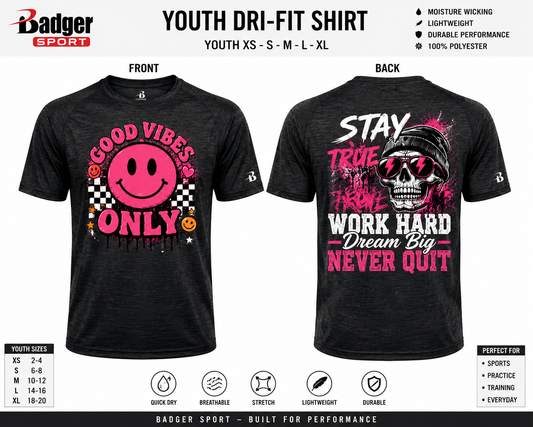 Dri Fit Shirt - Badger Sport Youth XS-XL Front & Back