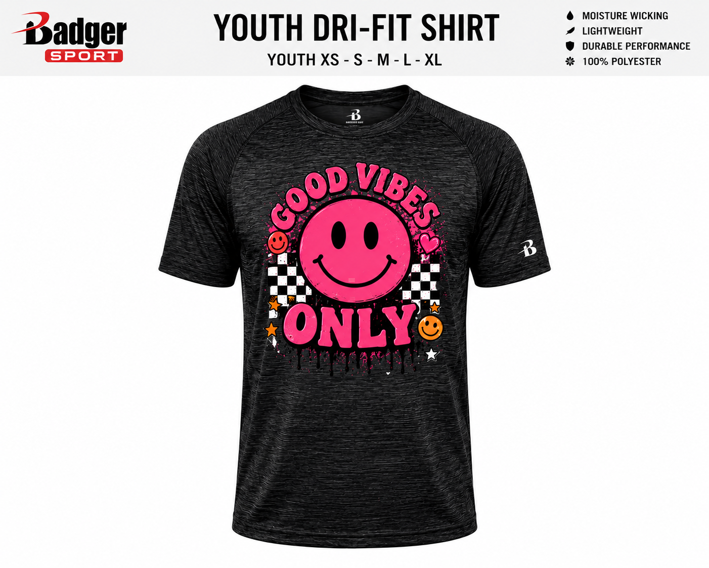 Dri Fit Shirt - Badger Sport Youth XS-XL Front Only