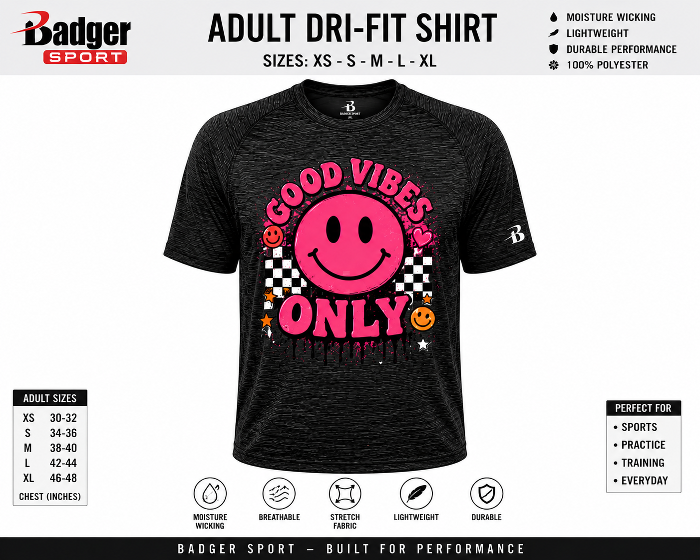 Dri Fit Shirt - Badger Sport Adult S-XL Front Only