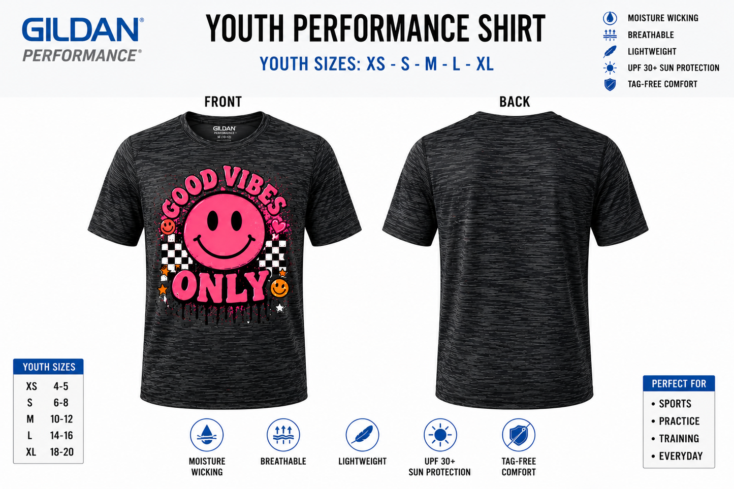 Dri Fit Shirt - Gildan Performance Youth XS-XL Front & Back