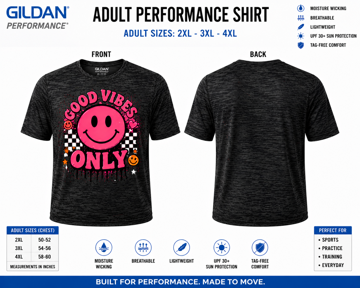 Dri Fit Shirt - Gildan Performance Adult 2XL-4XL Front & Back