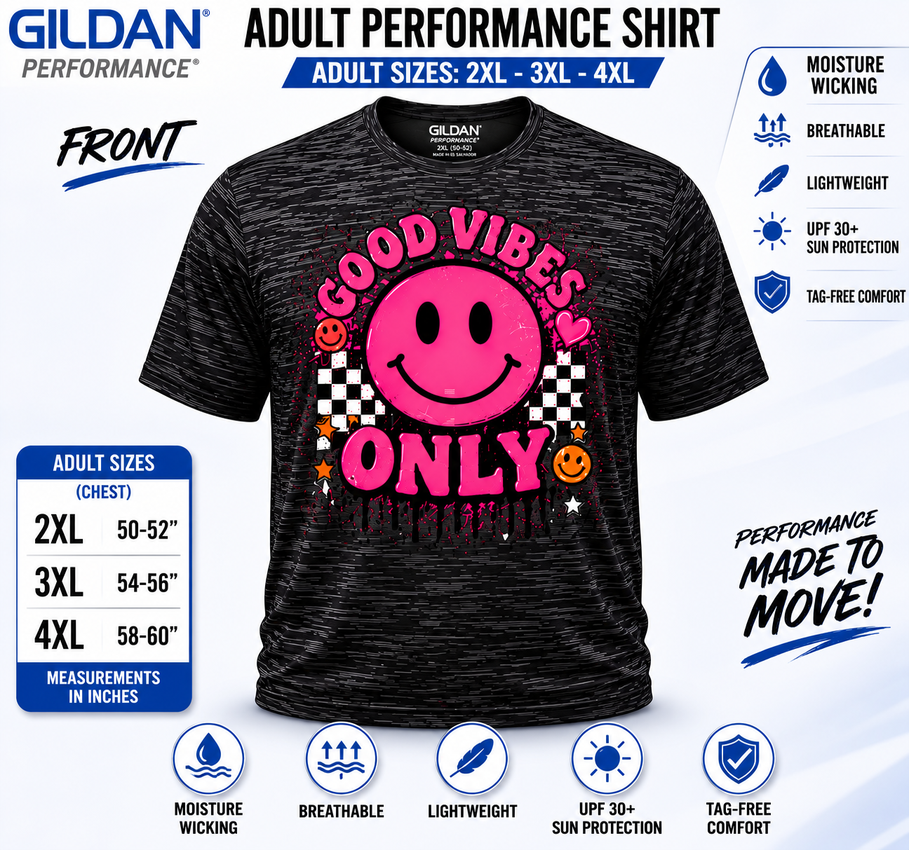 Dri Fit Shirt - Gildan Performance Adult 2XL-4XL Front Only